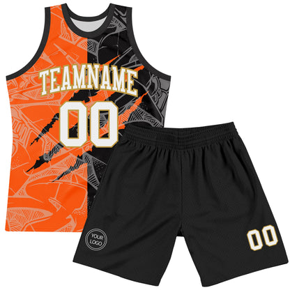 Custom Graffiti Pattern White Black Orange-Old Gold Scratch Round Neck Sublimation Basketball Set Jersey
