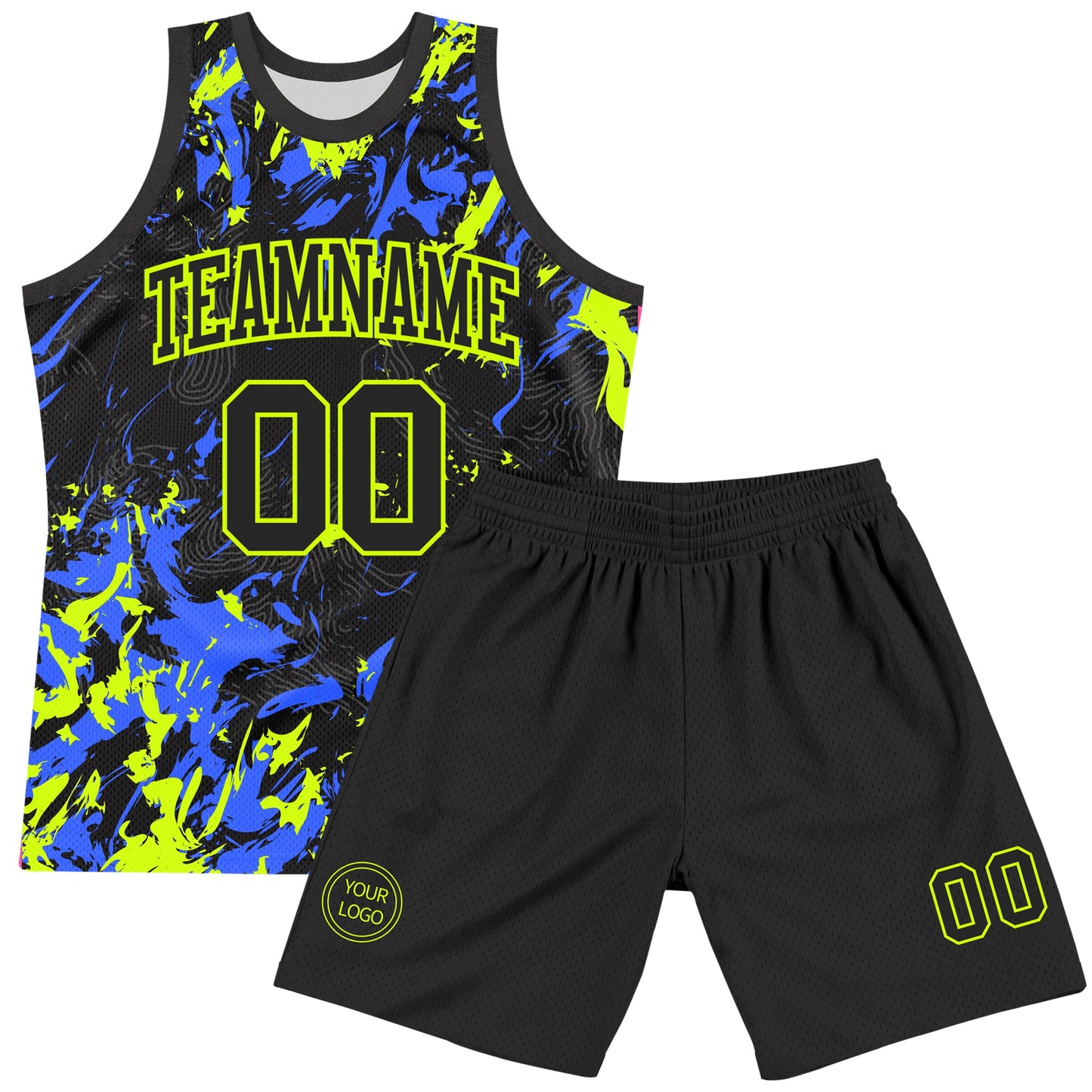 Custom Black Neon Green-Royal Splash Round Neck Sublimation Basketball Set Jersey