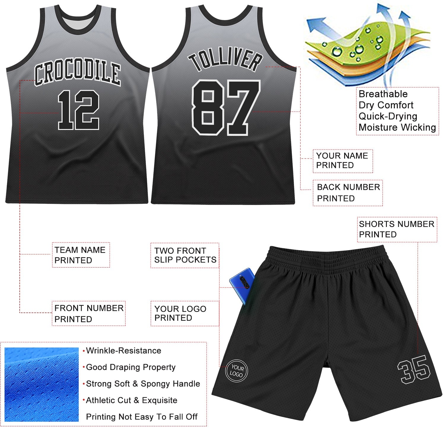 Custom Gray Black-White Fade Fashion Round Neck Sublimation Basketball Set Jersey