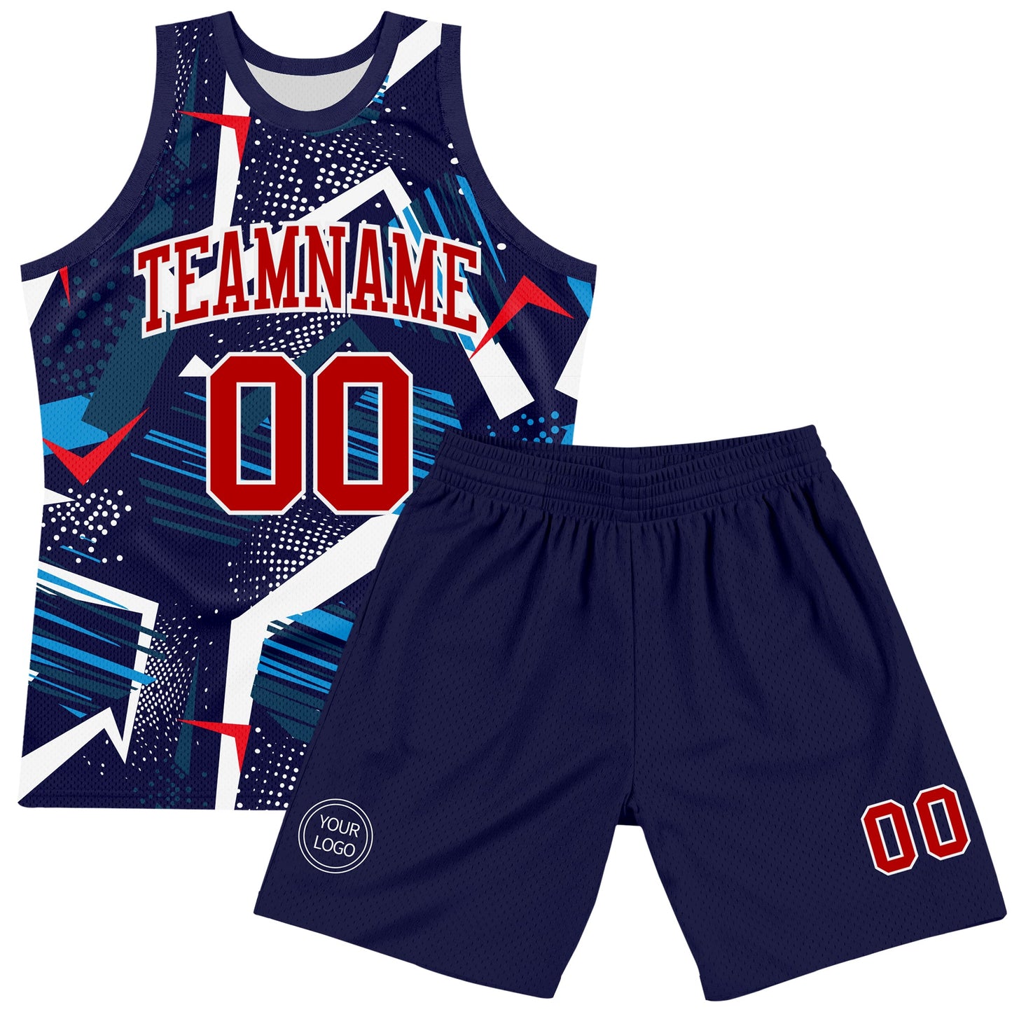 Custom Navy Red-White Geometric Shape Round Neck Sublimation Basketball Set Jersey