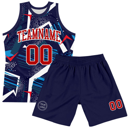 Custom Navy Red-White Geometric Shape Round Neck Sublimation Basketball Set Jersey