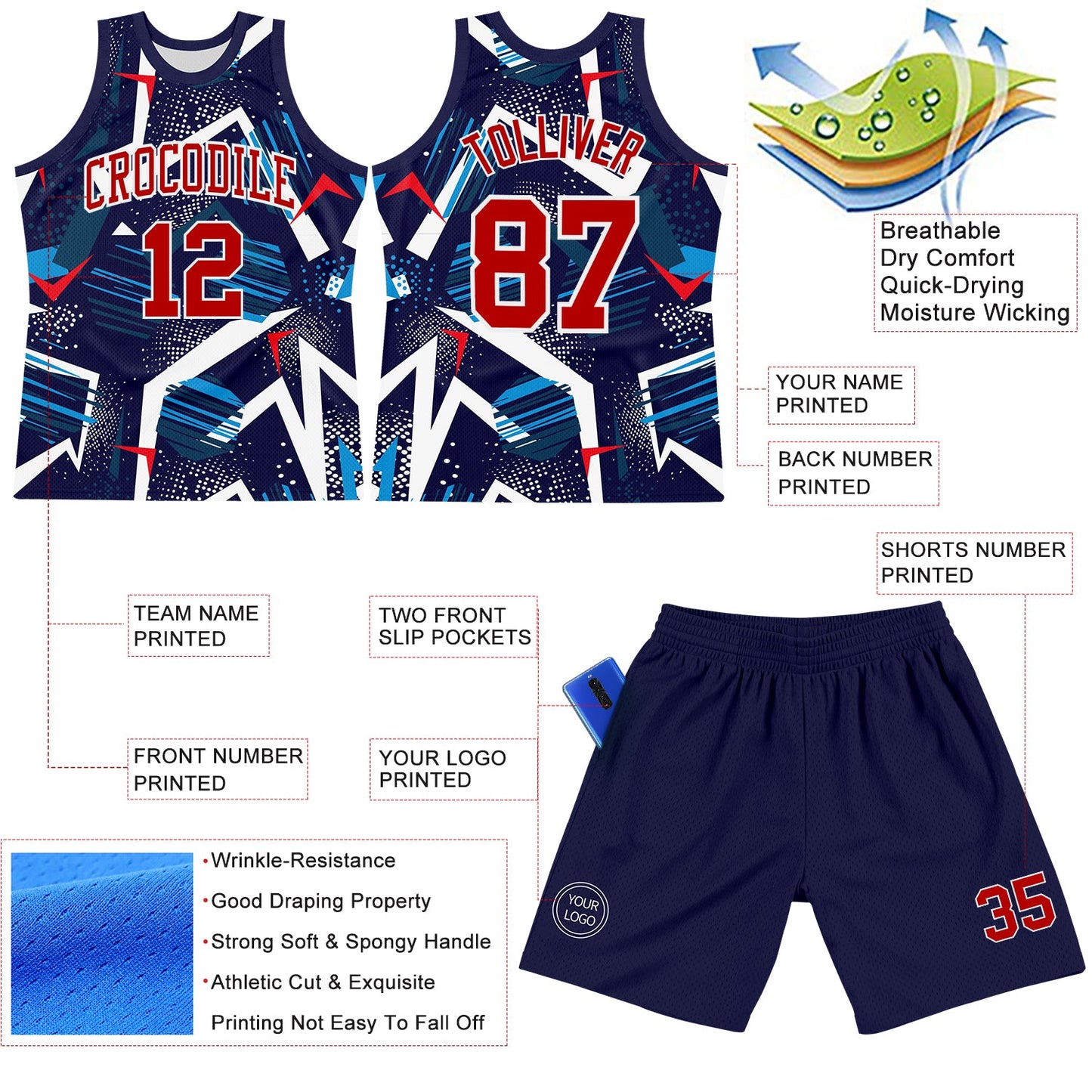 Custom Navy Red-White Geometric Shape Round Neck Sublimation Basketball Set Jersey