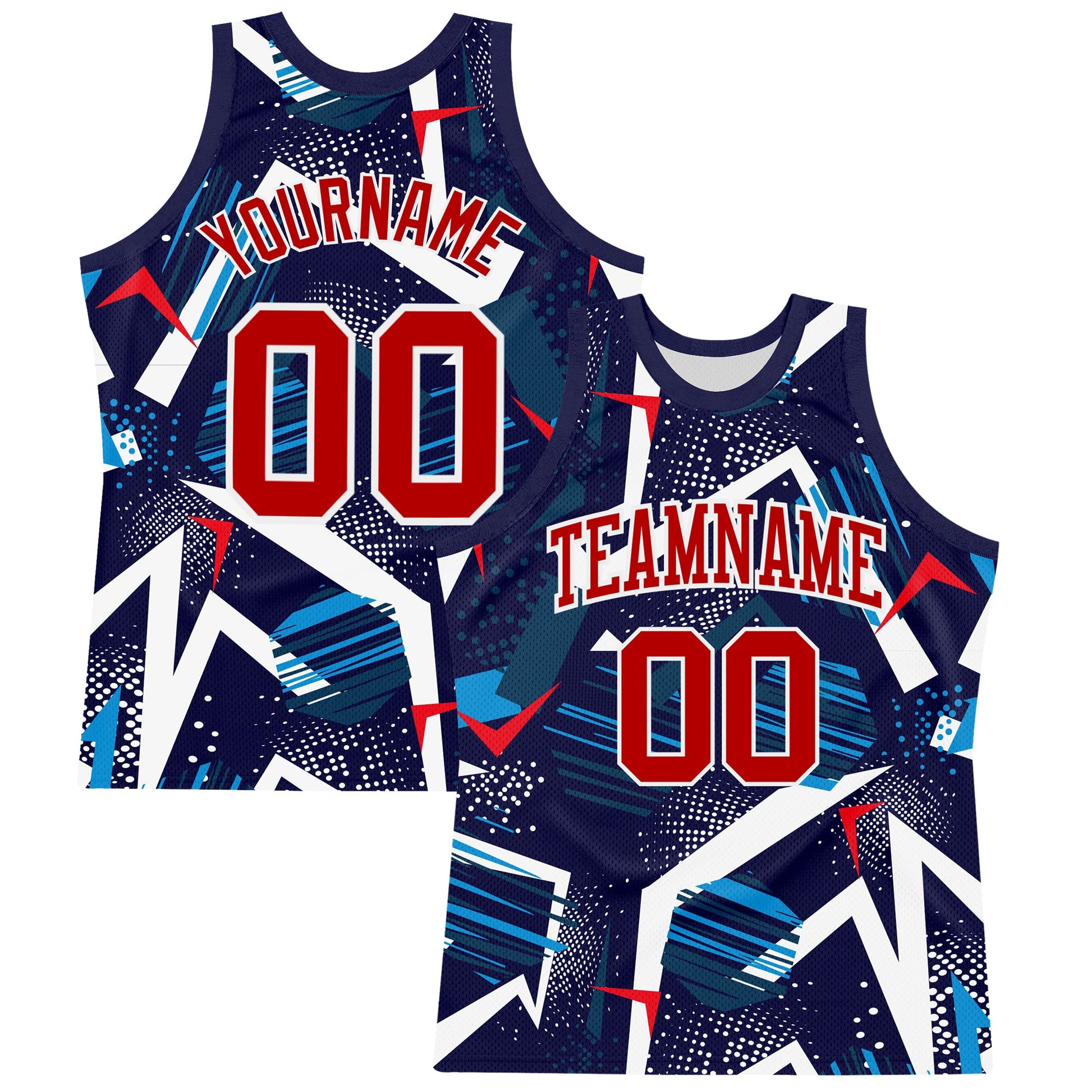 Custom Navy Red-White Geometric Shape Round Neck Sublimation Basketball Set Jersey