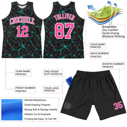Custom Black Pink Aqua-White Abstract Network Round Neck Sublimation Basketball Set Jersey