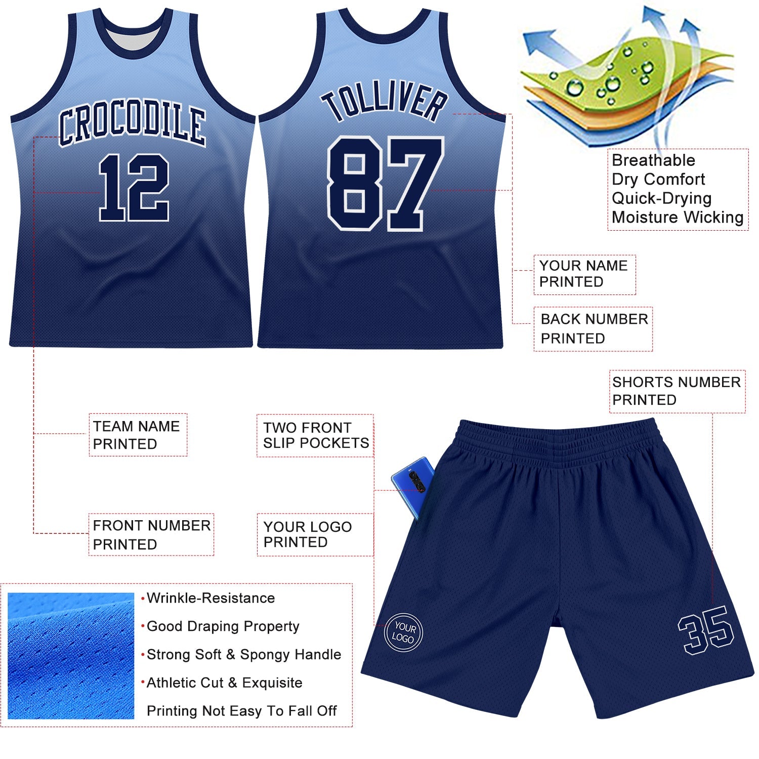 Custom Light Blue Navy-White Fade Fashion Round Neck Sublimation Basketball Set Jersey