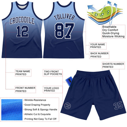 Custom Light Blue Navy-White Fade Fashion Round Neck Sublimation Basketball Set Jersey