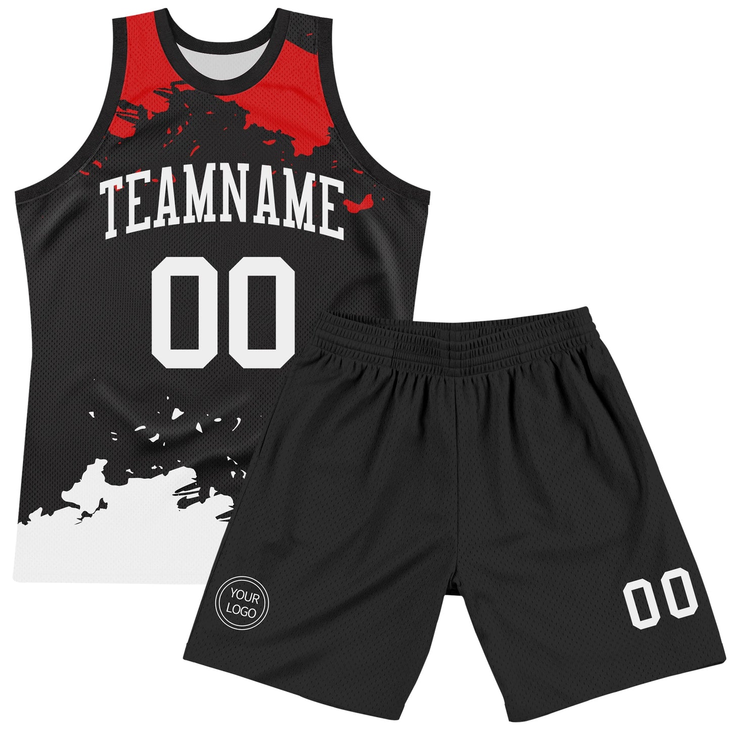 Custom Black White-Red Fragment Art Round Neck Sublimation Basketball Set Jersey