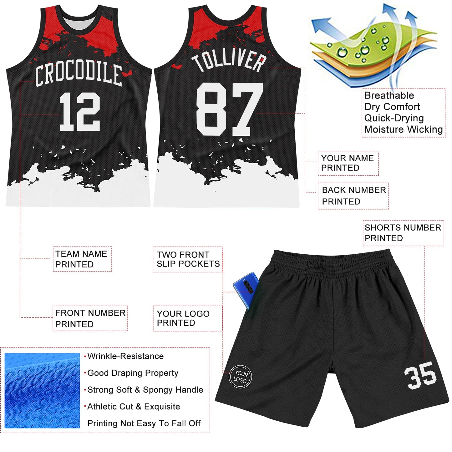 Custom Black White-Red Fragment Art Round Neck Sublimation Basketball Set Jersey