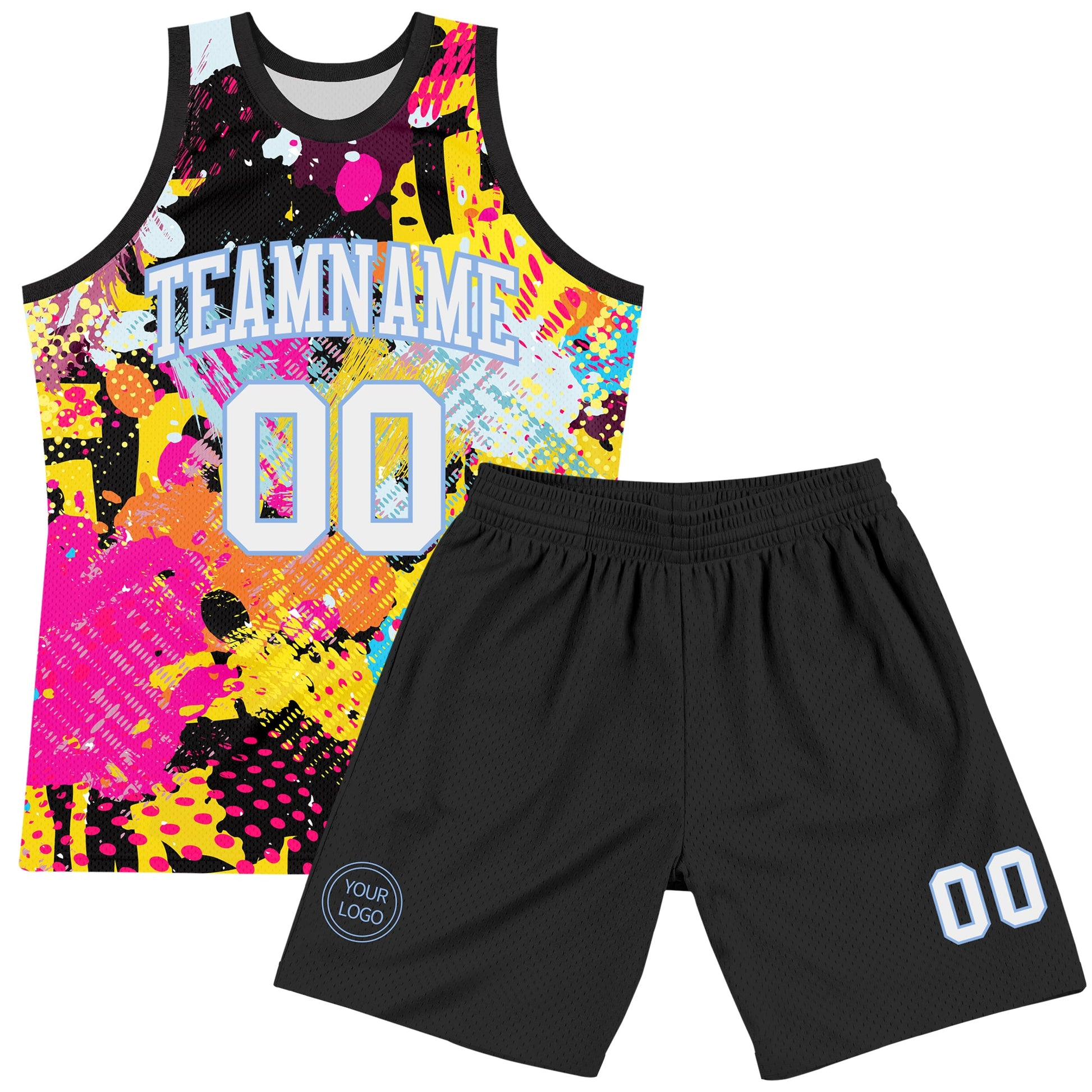 Custom Graffiti Pattern White-Light Blue Splash Round Neck Sublimation Basketball Set Jersey