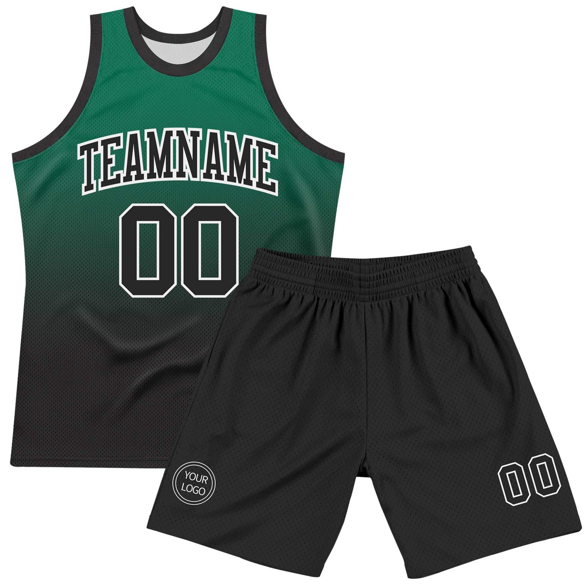 Custom Kelly Green Black-White Fade Fashion Round Neck Sublimation Basketball Set Jersey