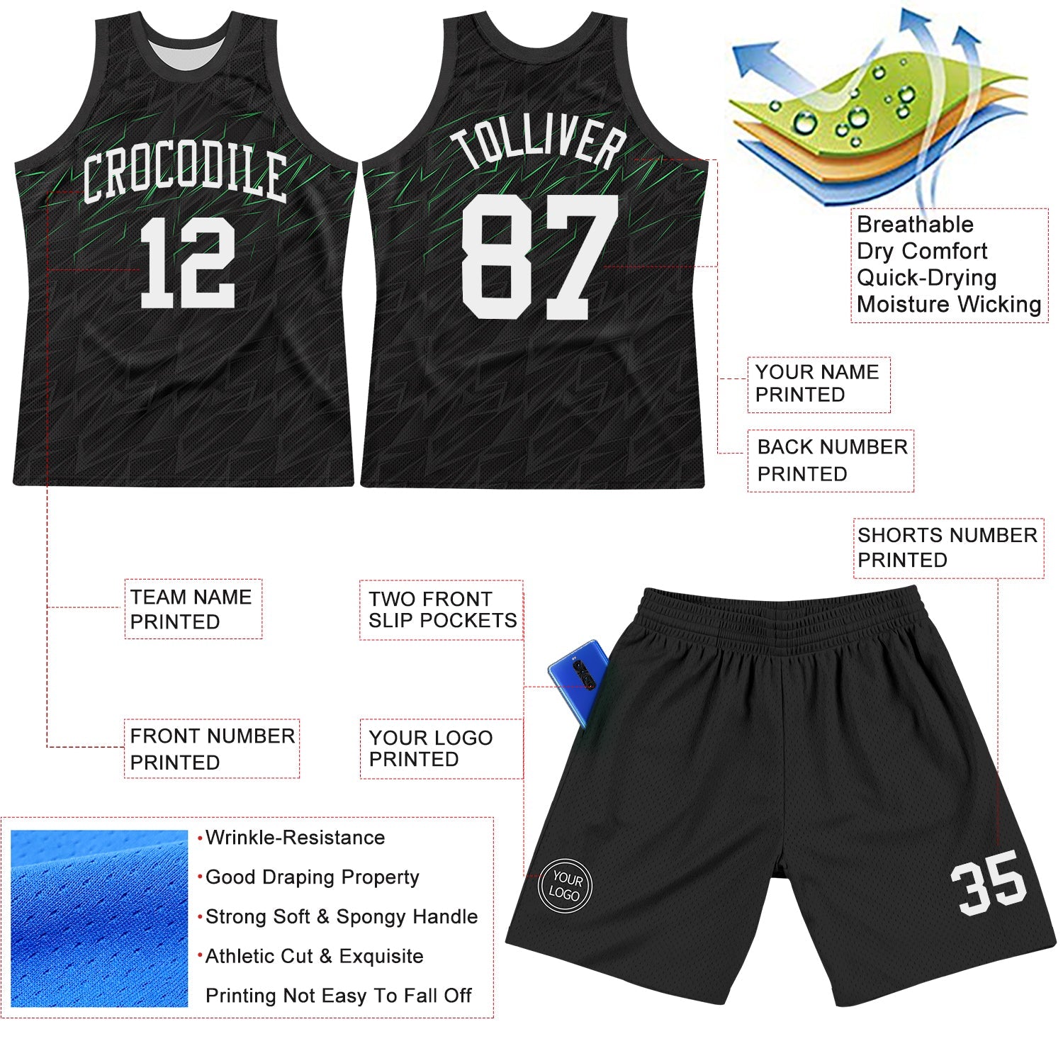 Custom Black White-Neon Green Line Round Neck Sublimation Basketball Set Jersey