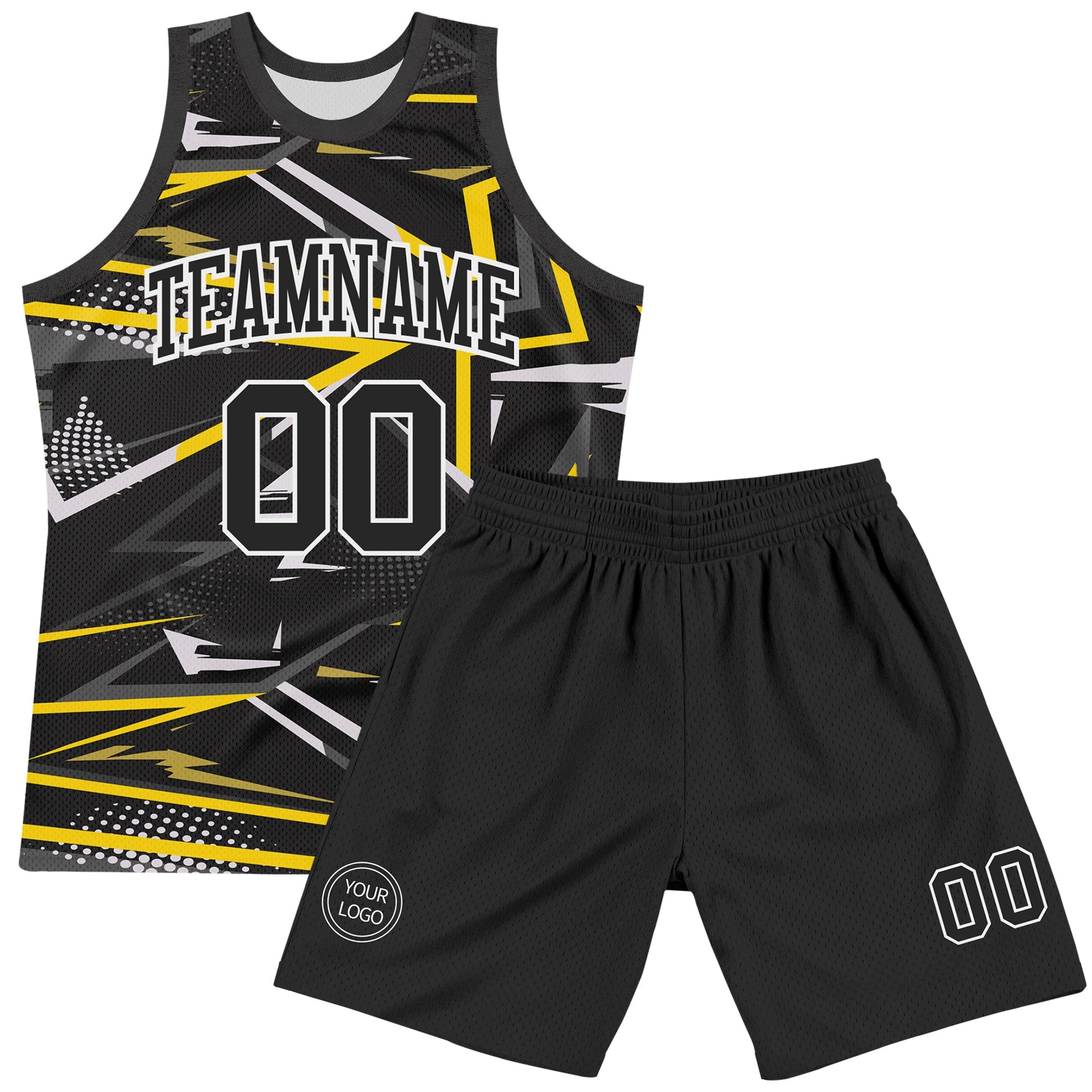 Custom Black Gold-White Line Round Neck Sublimation Basketball Set Jersey