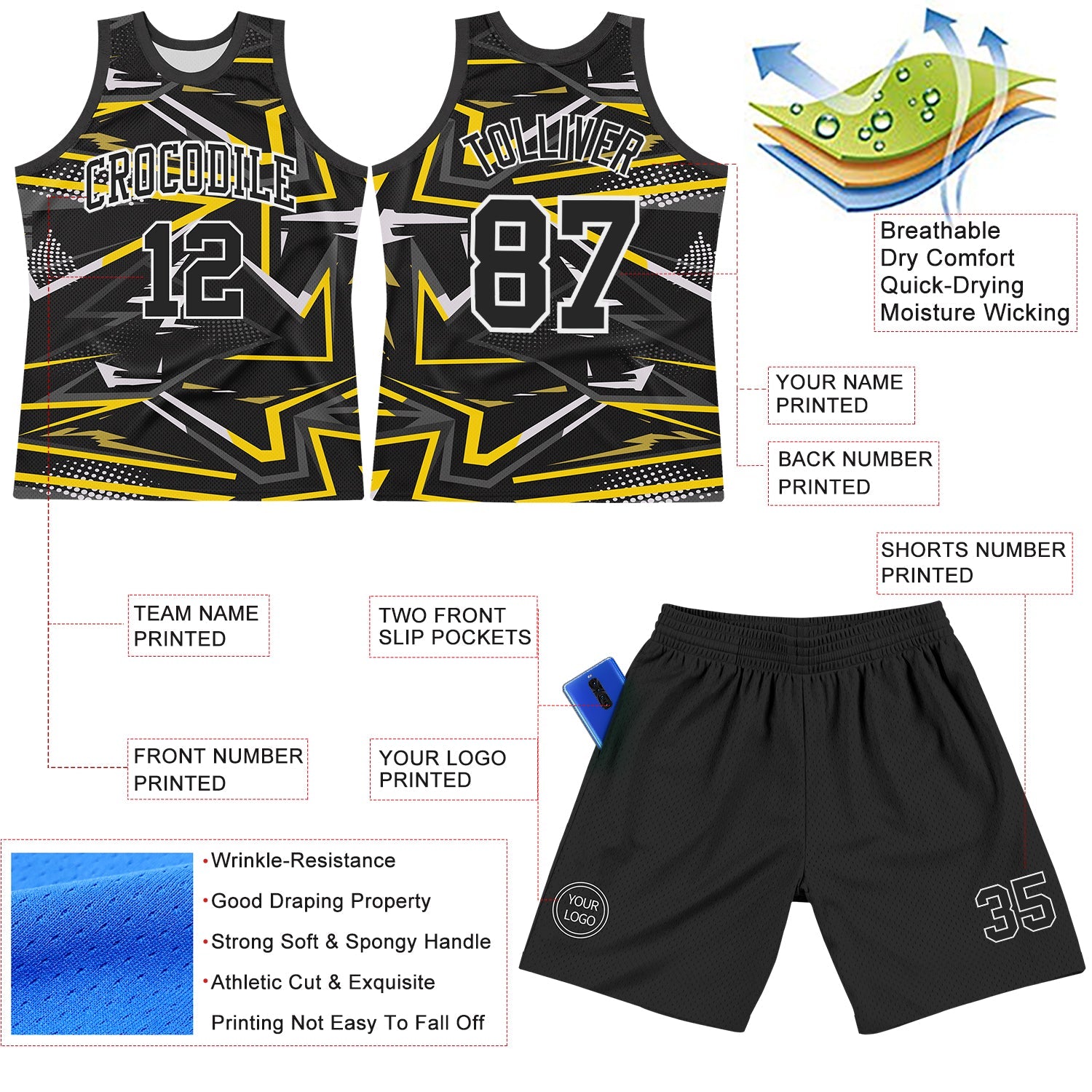 Custom Black Gold-White Line Round Neck Sublimation Basketball Set Jersey