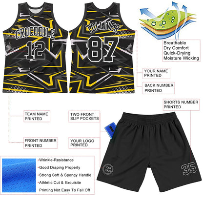Custom Black Gold-White Line Round Neck Sublimation Basketball Set Jersey