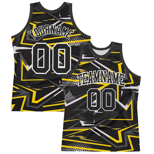 Custom Black Gold-White Line Round Neck Sublimation Basketball Set Jersey