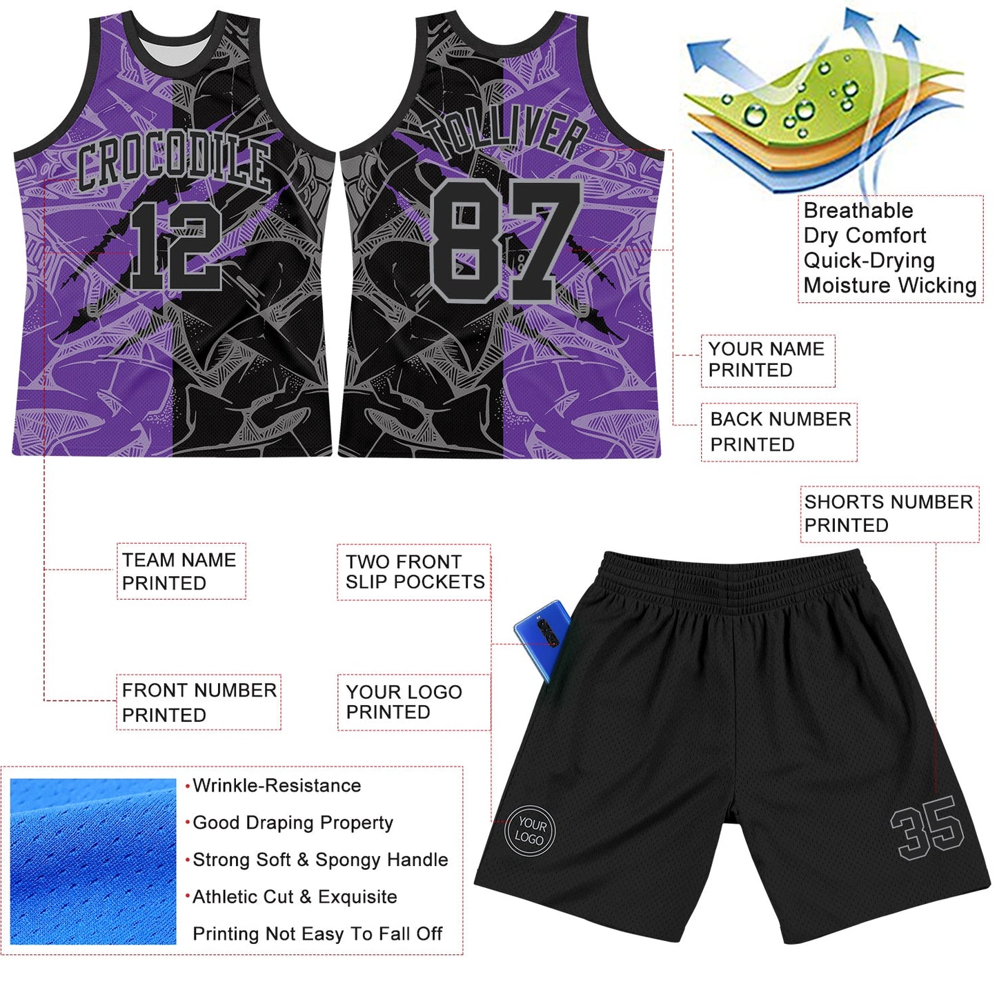 Custom Graffiti Pattern Black Purple-Gray Scratch Round Neck Sublimation Basketball Set Jersey