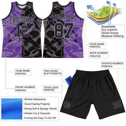 Custom Graffiti Pattern Black Purple-Gray Scratch Round Neck Sublimation Basketball Set Jersey
