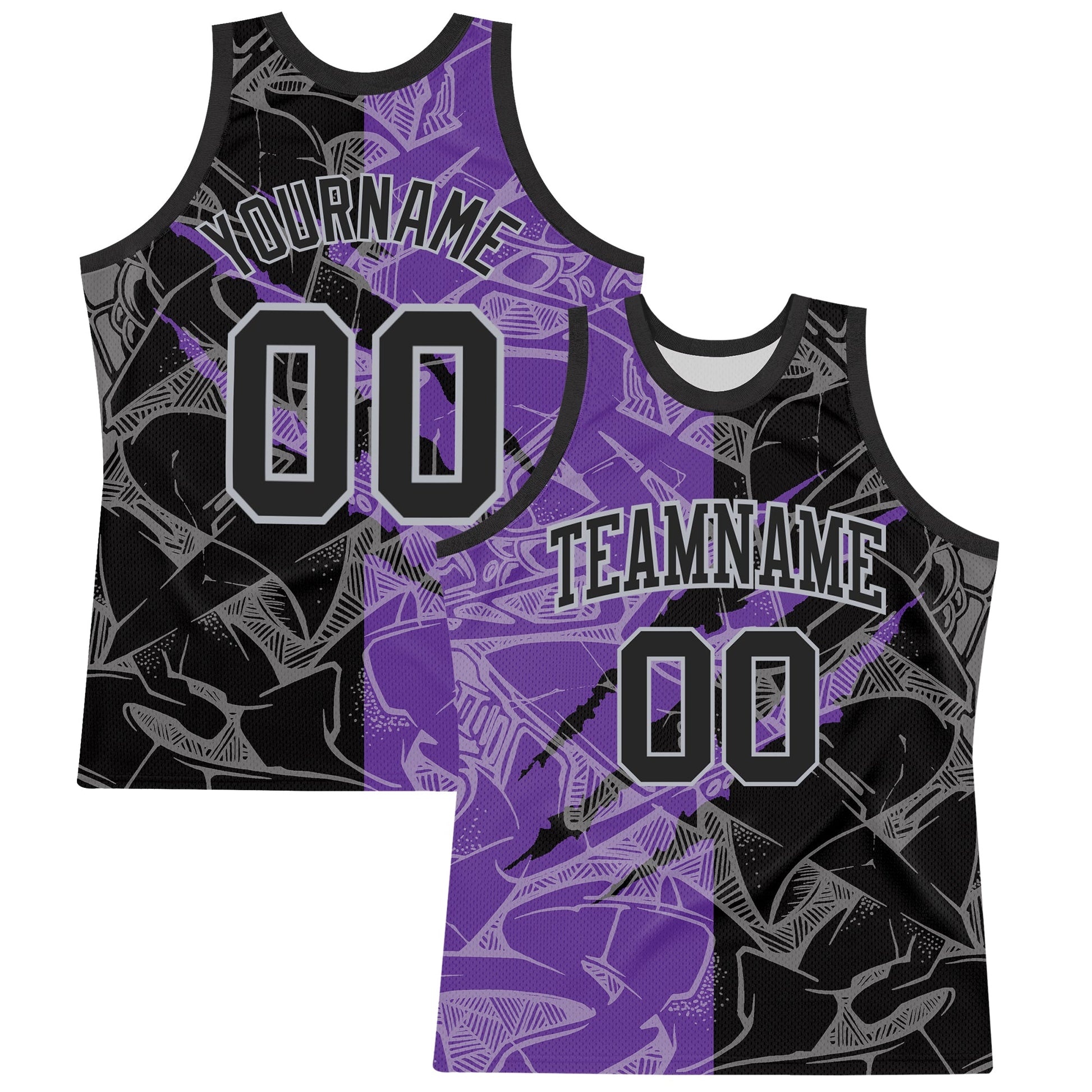 Custom Graffiti Pattern Black Purple-Gray Scratch Round Neck Sublimation Basketball Set Jersey