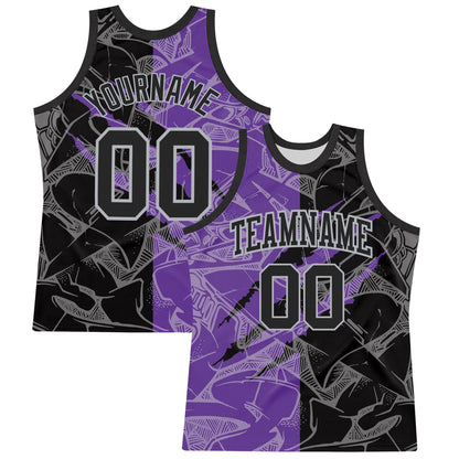 Custom Graffiti Pattern Black Purple-Gray Scratch Round Neck Sublimation Basketball Set Jersey