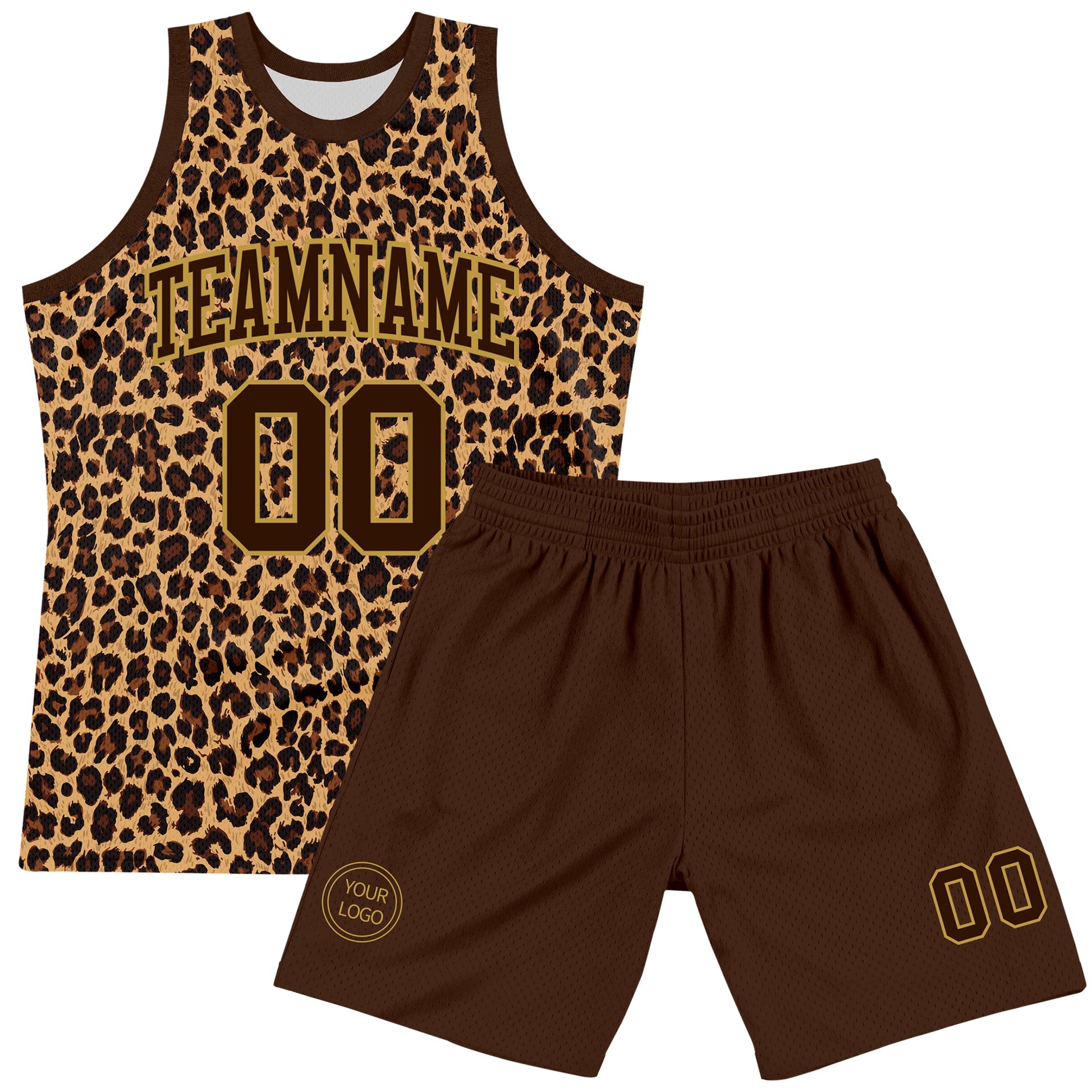 Custom Brown Old Gold Leopard Print Round Neck Sublimation Basketball Set Jersey