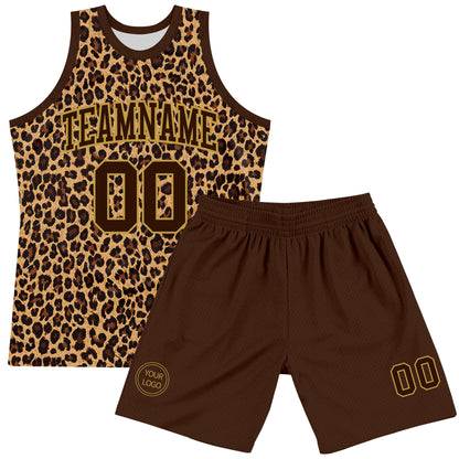 Custom Brown Old Gold Leopard Print Round Neck Sublimation Basketball Set Jersey
