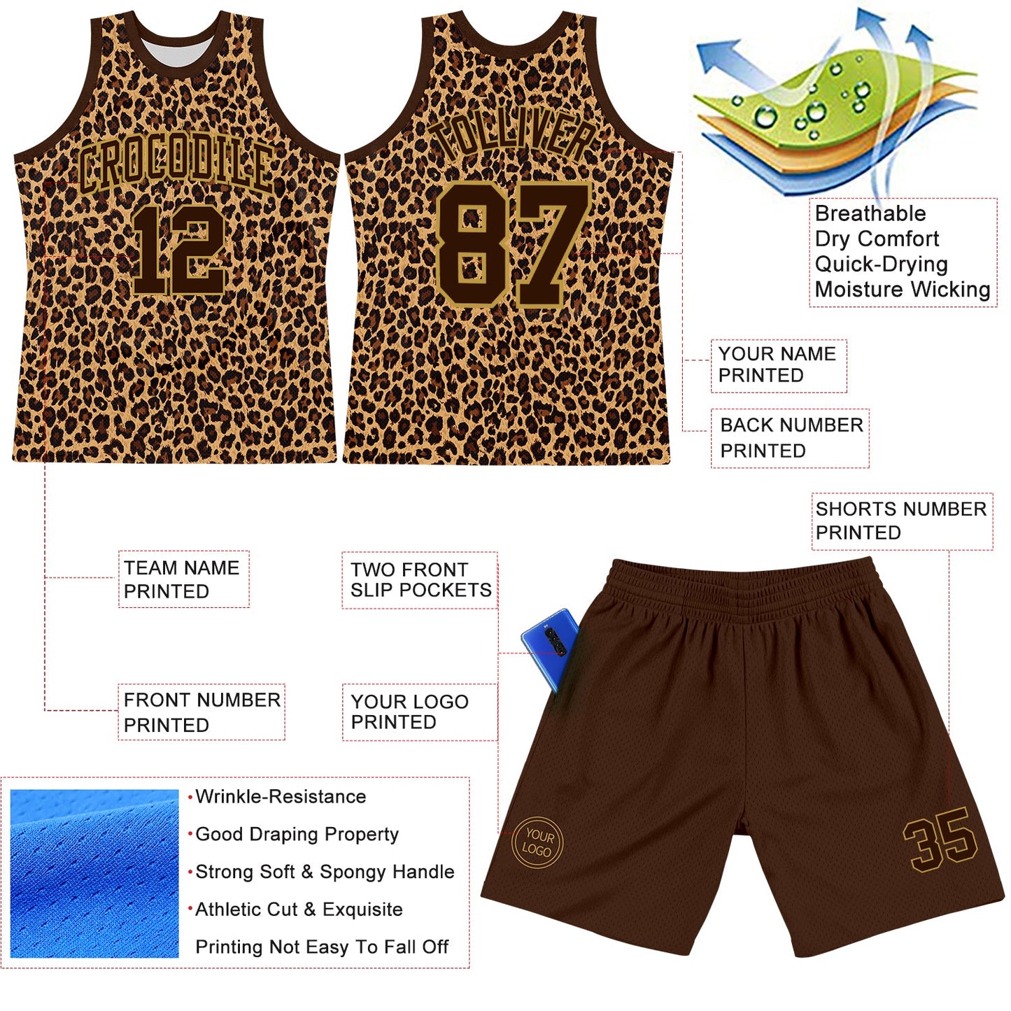 Custom Brown Old Gold Leopard Print Round Neck Sublimation Basketball Set Jersey