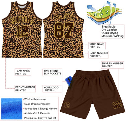 Custom Brown Old Gold Leopard Print Round Neck Sublimation Basketball Set Jersey