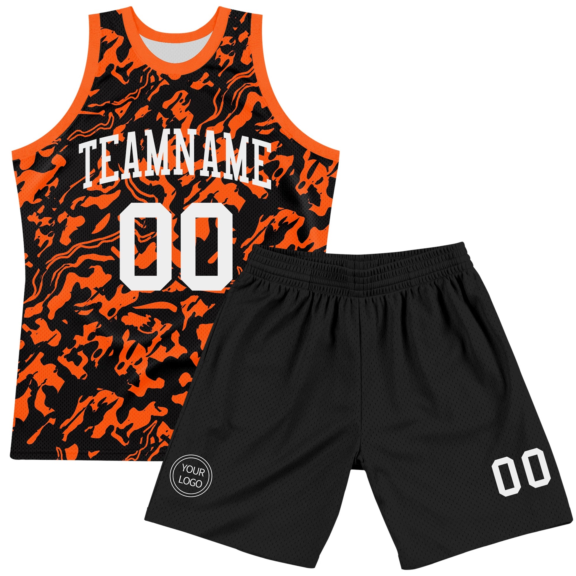 Custom Black White-Orange Fluid Art Round Neck Sublimation Basketball Set Jersey