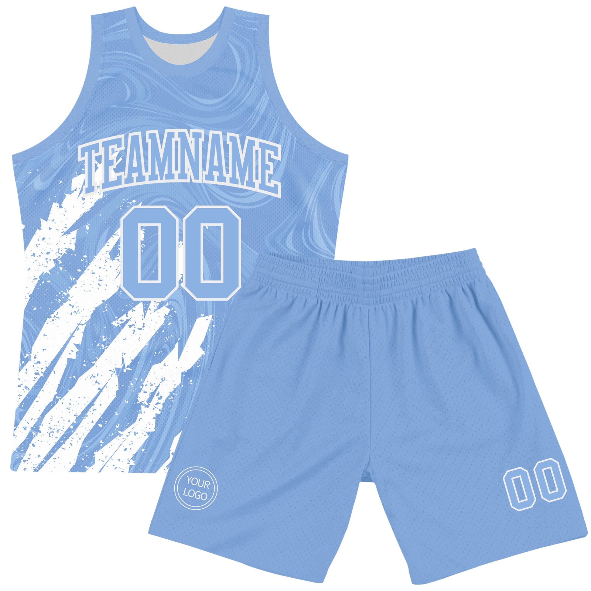 Custom Light Blue White Splash Round Neck Sublimation Basketball Set Jersey