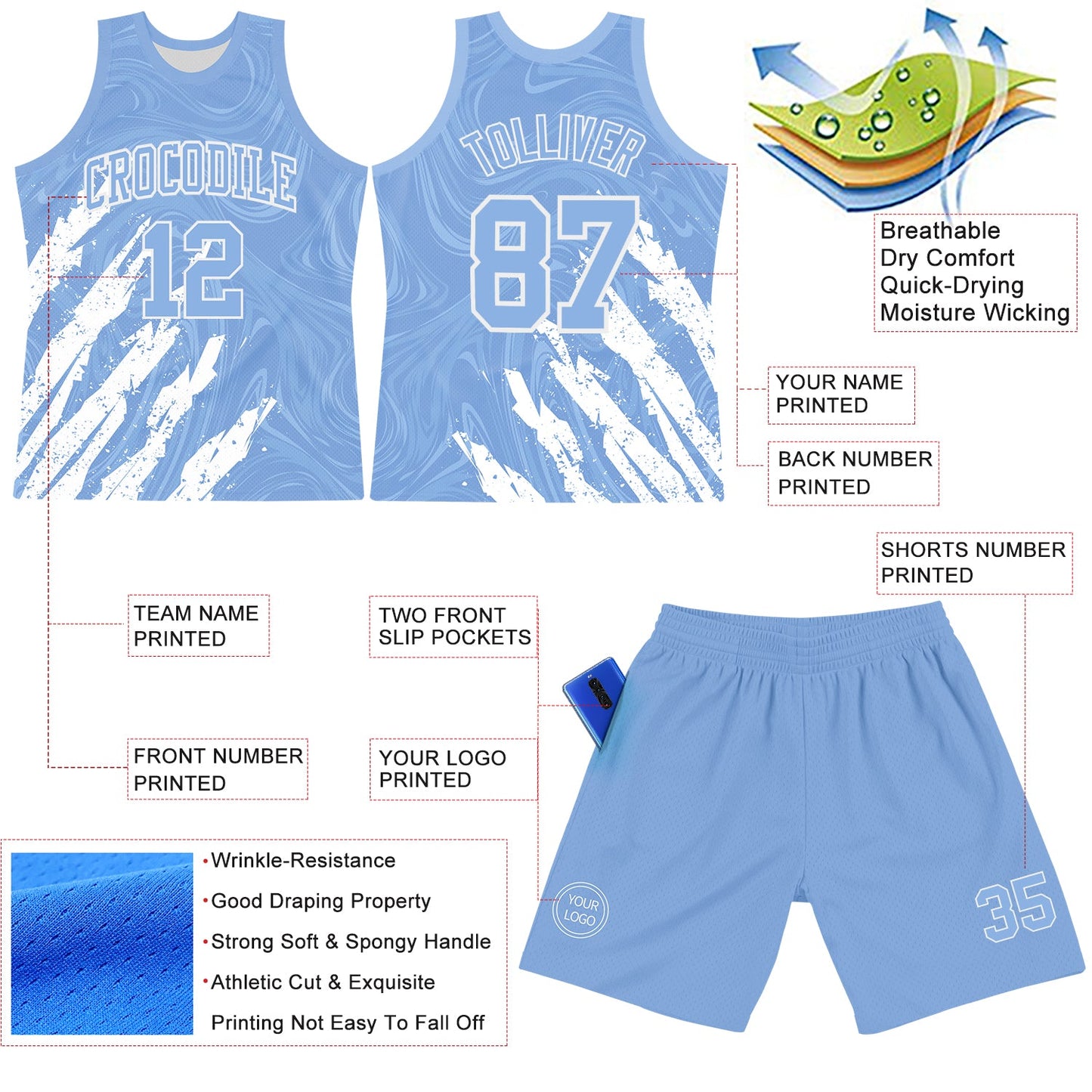 Custom Light Blue White Splash Round Neck Sublimation Basketball Set Jersey