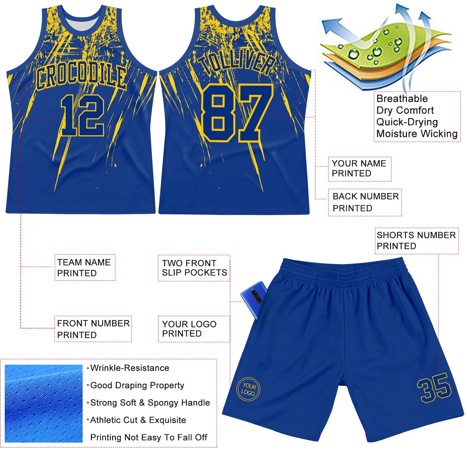 Custom Royal Yellow Splash Round Neck Sublimation Basketball Set Jersey