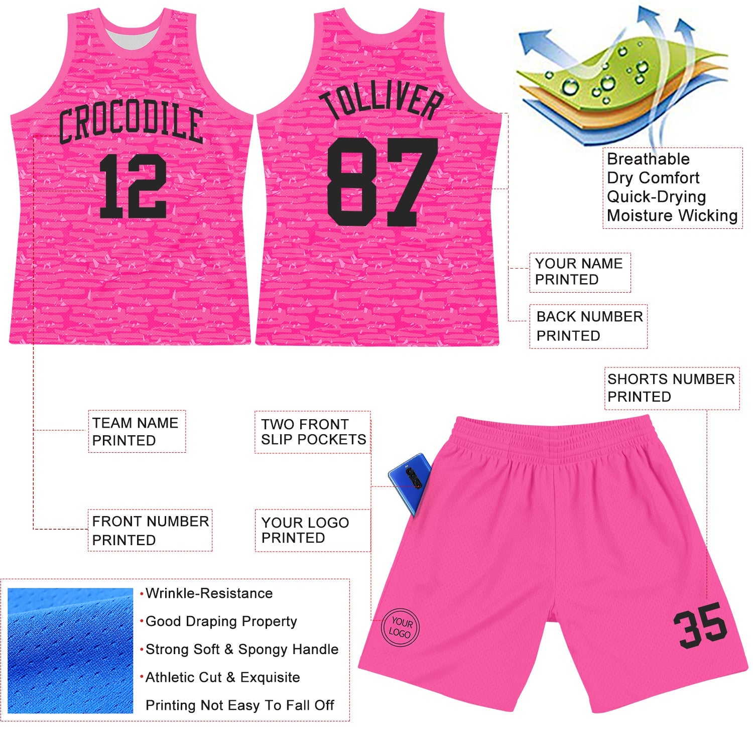 Custom Pink Black Fragment Art Round Neck Sublimation Basketball Set Jersey