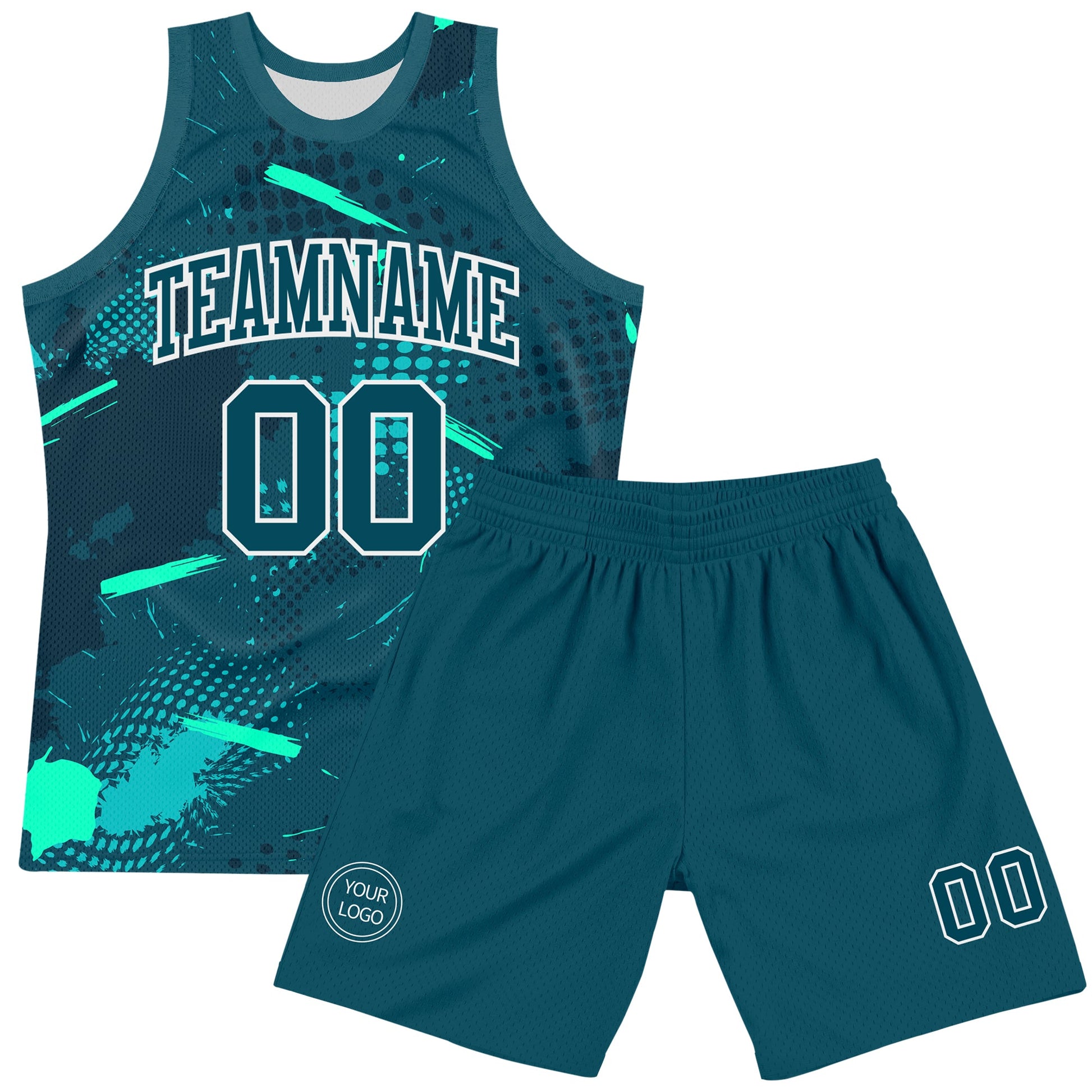 Custom Green Aqua-White Splash Round Neck Sublimation Basketball Set Jersey
