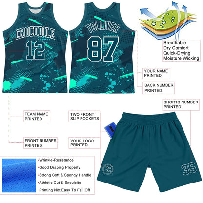 Custom Green Aqua-White Splash Round Neck Sublimation Basketball Set Jersey
