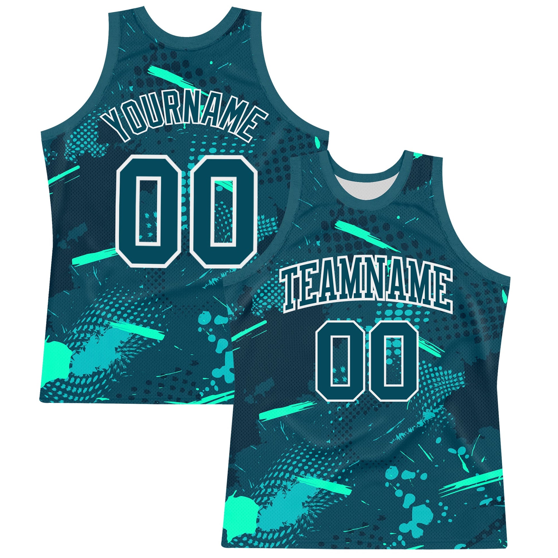 Custom Green Aqua-White Splash Round Neck Sublimation Basketball Set Jersey
