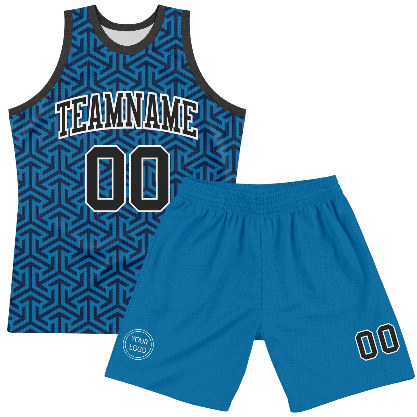 Custom Blue Black-White Arrow Shape Round Neck Sublimation Basketball Set Jersey