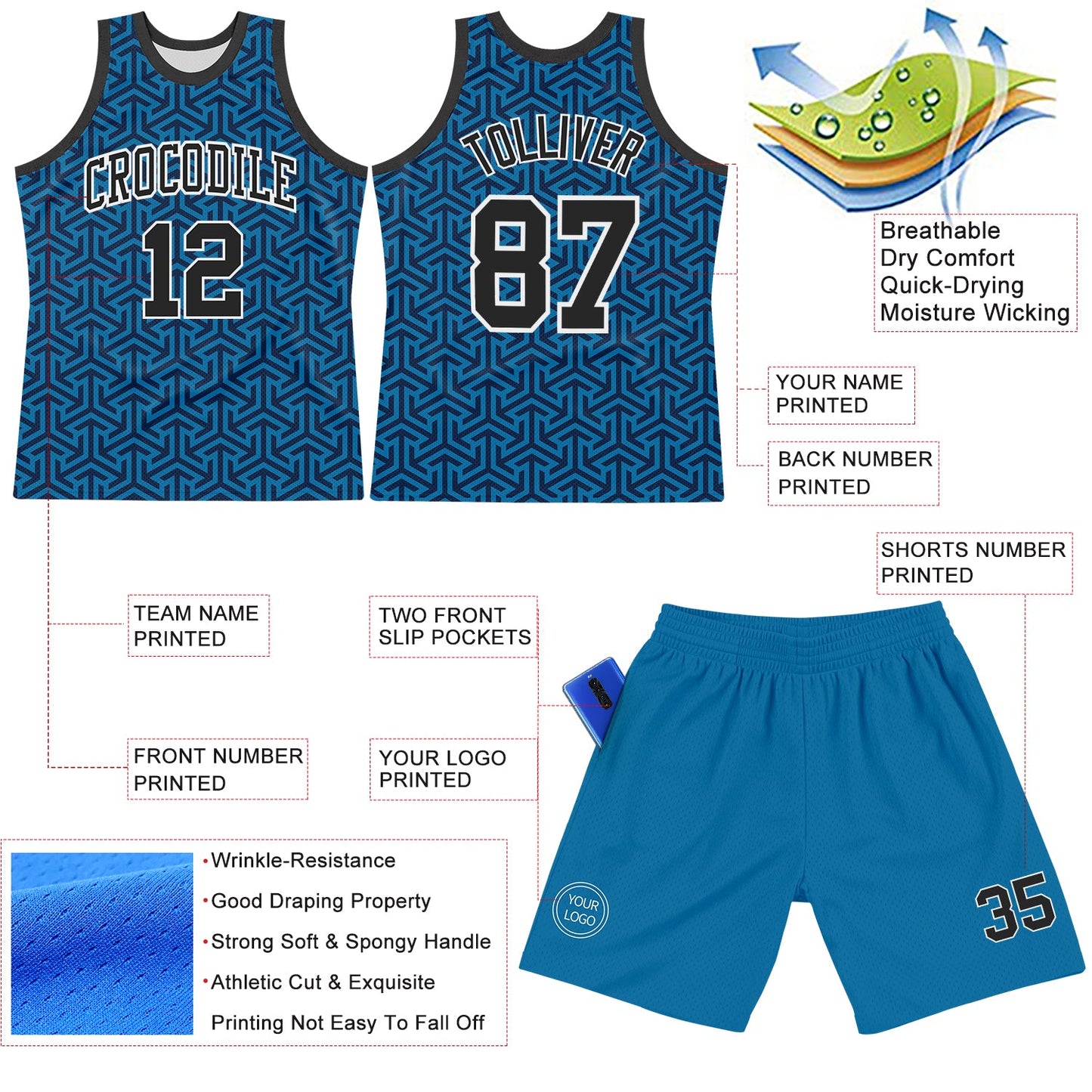 Custom Blue Black-White Arrow Shape Round Neck Sublimation Basketball Set Jersey