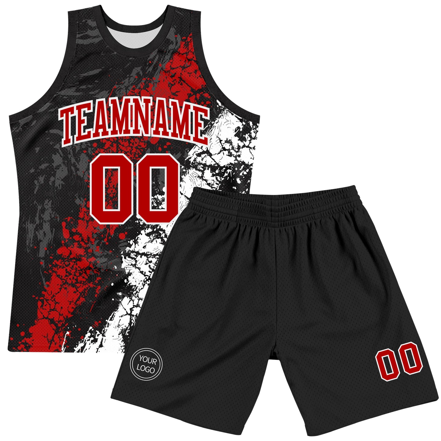 Custom Black Red-White Splash Round Neck Sublimation Basketball Set Jersey