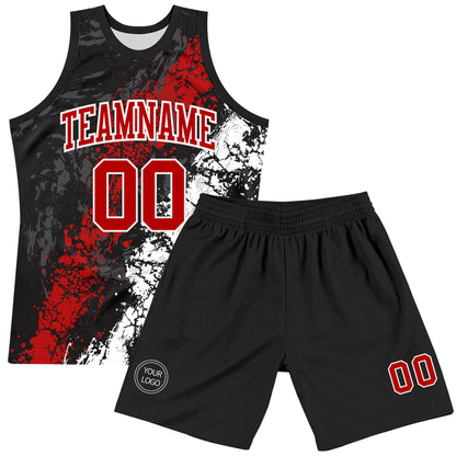 Custom Black Red-White Splash Round Neck Sublimation Basketball Set Jersey