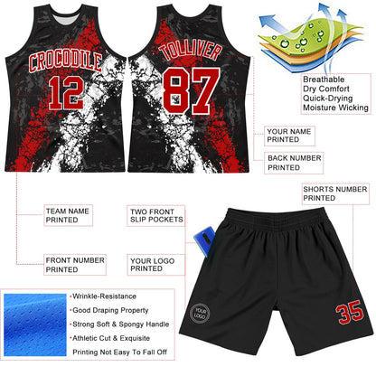 Custom Black Red-White Splash Round Neck Sublimation Basketball Set Jersey