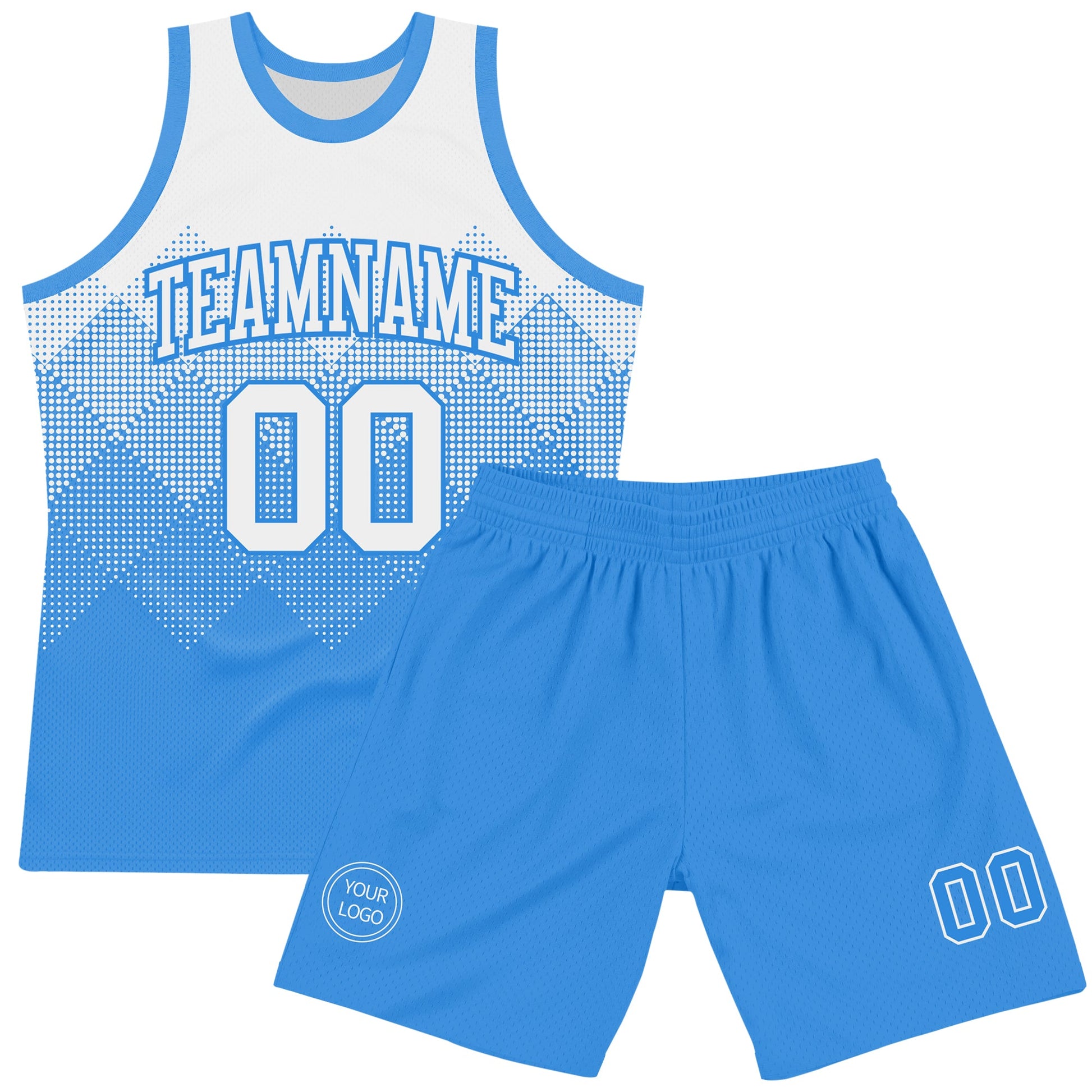 Custom White Powder Blue Gradient Square Shapes Round Neck Sublimation Basketball Set Jersey