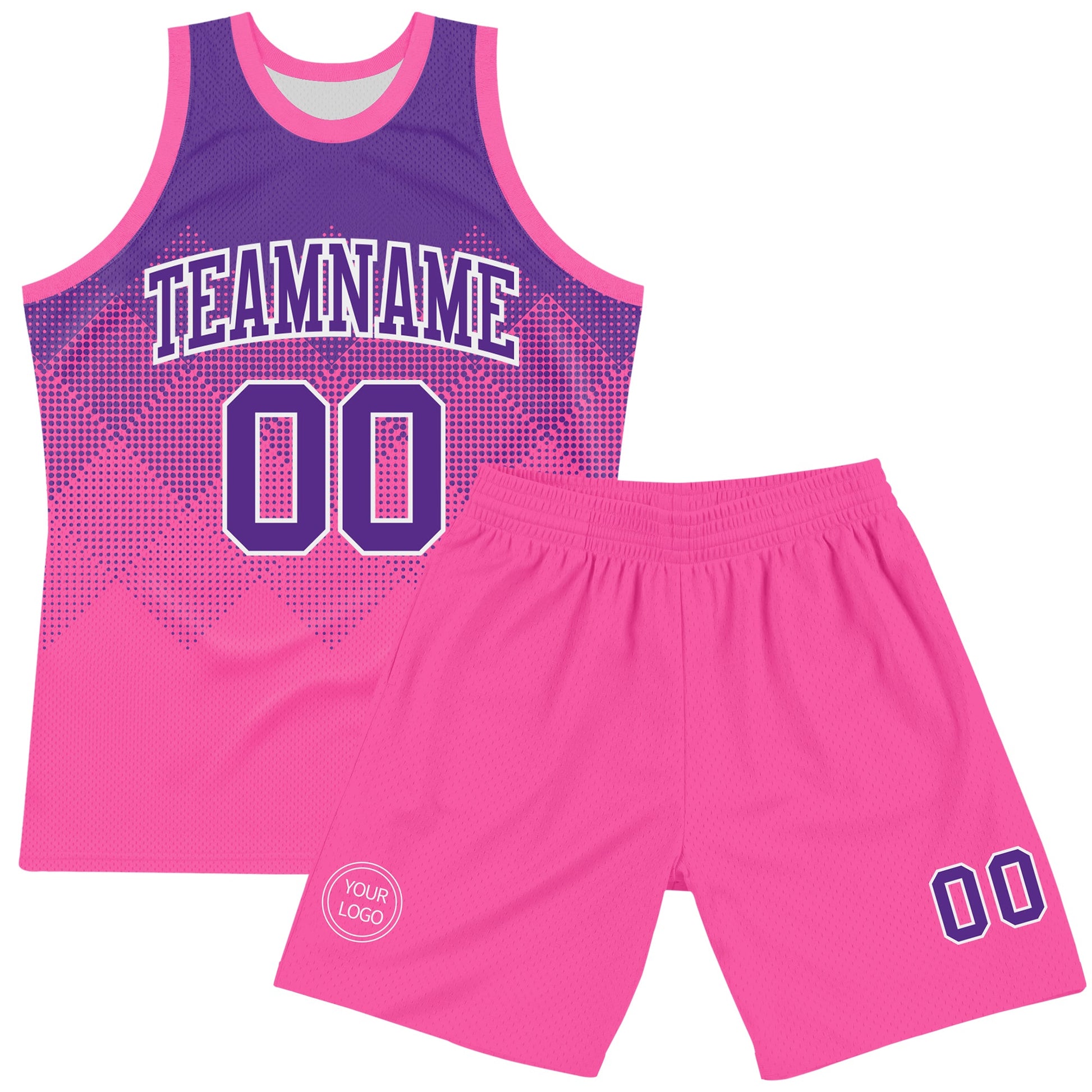Custom Purple Pink-White Gradient Square Shapes Round Neck Sublimation Basketball Set Jersey
