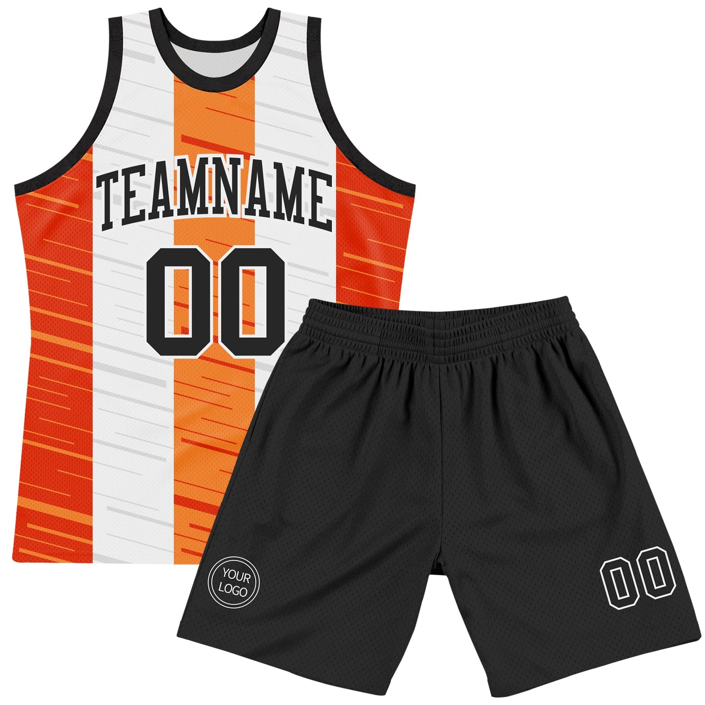 Custom White Black-Orange Line Round Neck Sublimation Basketball Set Jersey