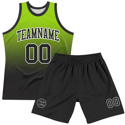 Custom Neon Green Black-White Fade Fashion Round Neck Sublimation Basketball Set Jersey