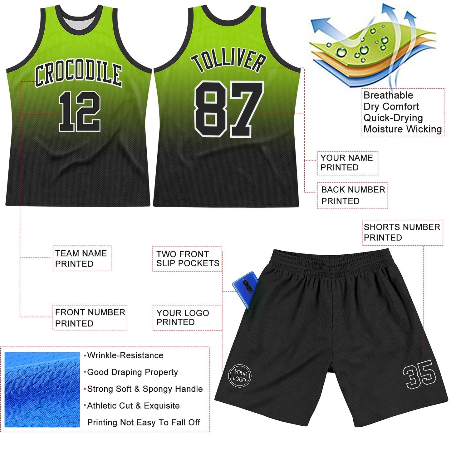 Custom Neon Green Black-White Fade Fashion Round Neck Sublimation Basketball Set Jersey
