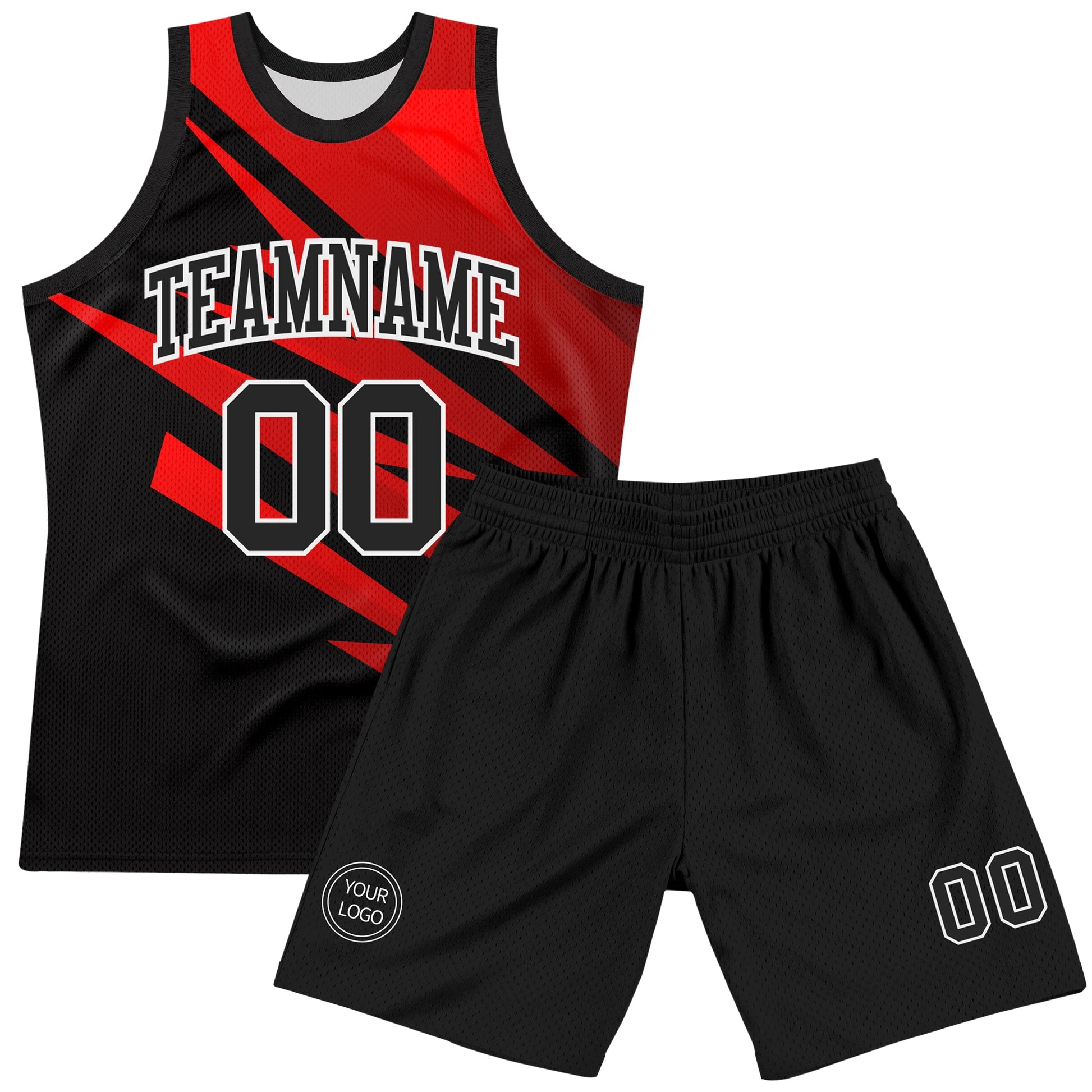 Custom Black Red-White Line Round Neck Sublimation Basketball Set Jersey