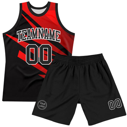 Custom Black Red-White Line Round Neck Sublimation Basketball Set Jersey