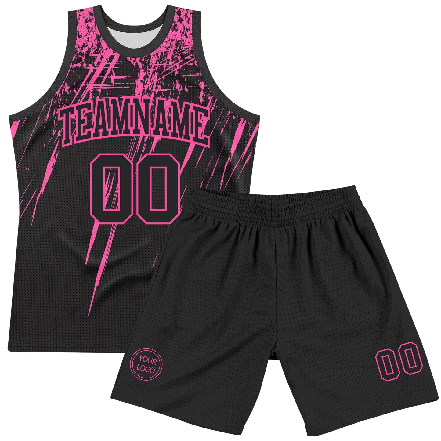 Custom Black Pink Splash Round Neck Sublimation Basketball Set Jersey