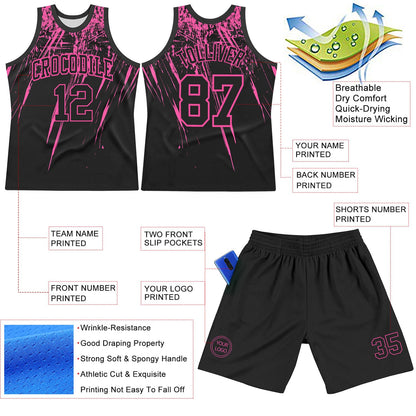 Custom Black Pink Splash Round Neck Sublimation Basketball Set Jersey