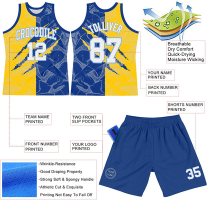 Custom Graffiti Pattern White Royal Yellow-Light Blue Scratch Round Neck Sublimation Basketball Set Jersey